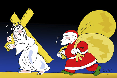 Cartoon: Begegnung (medium) by Hayati tagged boyacioglu,hayati,weihnachten,yil,yeni,noel,begegnung,nikolaus,saint,consumerism,encounter,weihnachtsmann,christus,jesus,weihnachten,jesus christus,weihnachtsmann,last,kreuz,schleppen,jesus,christus