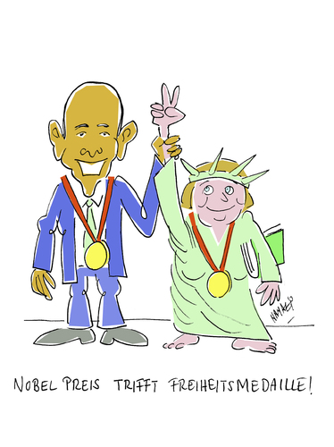 Cartoon: Peace and Freedom (medium) by Hayati tagged boyacioglu,hayati,deutshland,amerika,merkel,freiheitsmedaille,obama,nobelpreis,nobelpreis,obama,freiheitsmedaille,merkel,deutschland