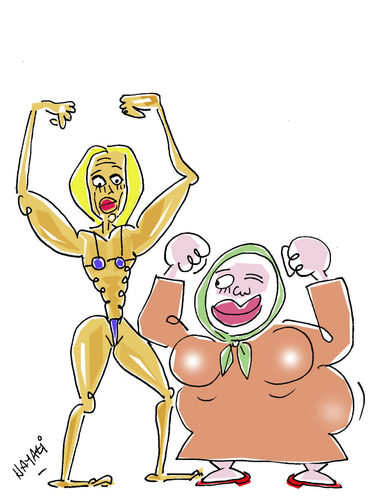 Cartoon: Ute und Aysche . . . (medium) by Hayati tagged berlin,boyacioglu,hayati,leistungsport,sport,wife,woman,frau,paar,unterschiede,bodybuilding,aysche,und,ute