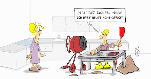 Cartoon: 20200318-Homeoffice (medium) by Marcus Gottfried tagged homeoffice,corona,covid,baustelle,bau,küche,maurer,polier,homeoffice,corona,covid,baustelle,bau,küche,maurer,polier