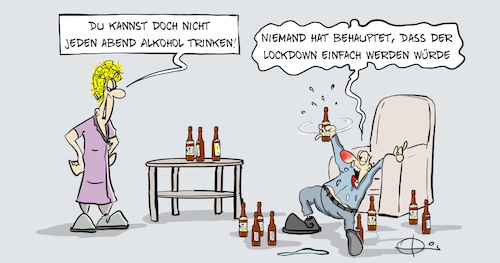 Cartoon: 20210201-Lockdown (medium) by Marcus Gottfried tagged lockdown,müde,verlängerung,alkohol,abhängig,corona,covid,lockdown,müde,verlängerung,alkohol,abhängig,corona,covid