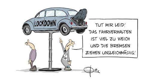 Cartoon: 20210413-LockdownTUEV (medium) by Marcus Gottfried tagged lockdown,tüv,technischer,überwachungsverein,auto,bremsen,zustand,weich,hart,coron,covid,lockdown,tüv,technischer,überwachungsverein,auto,bremsen,zustand,weich,hart,coron,covid