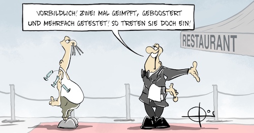 Cartoon: 20211117-MehrfachGetestet (medium) by Marcus Gottfried tagged corona,2g,3g,impfung,dresscode,restaurant,corona,2g,3g,impfung,dresscode,restaurant