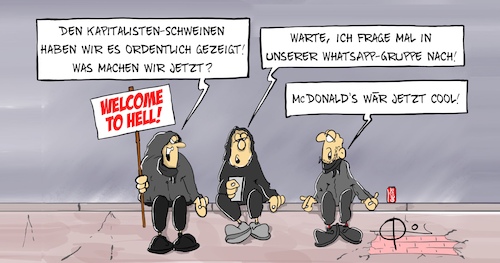 Cartoon: 20220104-Kapitalismuskritik (medium) by Marcus Gottfried tagged kapitalismus,last,generation,kritik,mcdonald,whatsapp,mode,jugend,zeitgeist,verzicht,kapitalismus,last,generation,kritik,mcdonald,whatsapp,mode,jugend,zeitgeist,verzicht