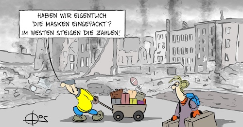 Cartoon: 20220308-MaskeEingepackt (medium) by Marcus Gottfried tagged flucht,ukraine,westen,russland,krieg,corona,covid,inzidenz,flucht,ukraine,westen,russland,krieg,corona,covid,inzidenz