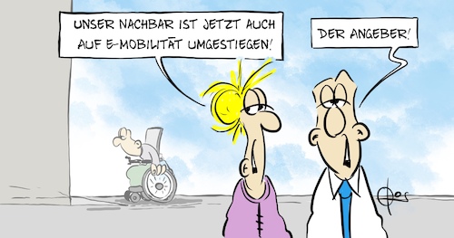 Cartoon: 20220329-EMobilitaet (medium) by Marcus Gottfried tagged strom,mobilität,elektro,energiewende,batterie,umwelt,neid,nachbar,rollstuhl,behinderung,strom,mobilität,elektro,energiewende,batterie,umwelt,neid,nachbar,rollstuhl,behinderung