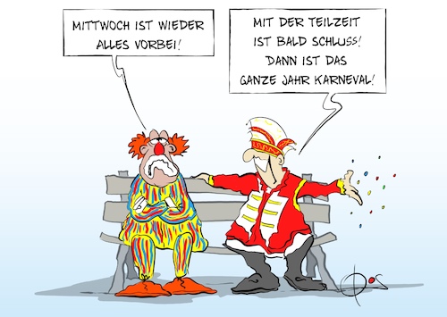 Cartoon: 20260213-KarnevalTeilzeit (medium) by Marcus Gottfried tagged teilzeit,karneval,fasching,aschermittwoch,lifestyle,work,live,balance,teilzeit,karneval,fasching,aschermittwoch,lifestyle,work,live,balance