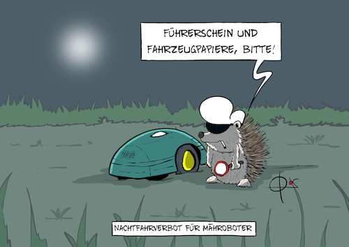 Cartoon: 20260407-Nchtfahrverbot (medium) by Marcus Gottfried tagged rasenmäher,mähroboter,rasen,wiese,igel,schutz,nacht,dunkelheit,polizei,kontrolle,rasenmäher,mähroboter,rasen,wiese,igel,schutz,nacht,dunkelheit,polizei,kontrolle