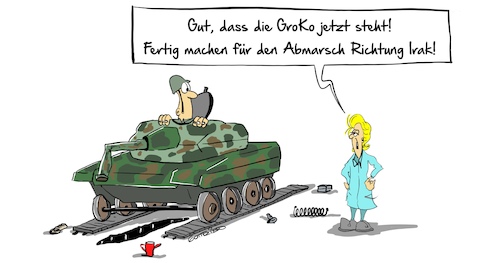 Cartoon: Abmarsch (medium) by Marcus Gottfried tagged ursula,von,der,leyen,viel,flintenuschi,verteidigungsministerin,afghanistan,kampfeinsatz,europa,armee,irak,syrien,osten,verteidigungshaushalt,zustand,reparatur,marcus,gottfried,cartoon,karikatur,ursula,von,der,leyen,viel,flintenuschi,verteidigungsministerin,afghanistan,kampfeinsatz,europa,armee,irak,syrien,osten,verteidigungshaushalt,zustand,reparatur,marcus,gottfried,cartoon,karikatur