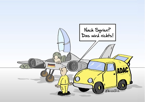 Cartoon: ADAC Syrien (medium) by Marcus Gottfried tagged syrien,bundeswehr,nato,eingriff,truppe,armee,tornado,kampfeinsatz,adac,reparatur,panne,pannenhilfe,hilfe,zustand,defekt,material,einsazbereitschaft,luftwaffe,von,der,leyen,ministerin,verteidigung,angriff,spass,freude,marcus,gottfried,cartoon,karikatur,syrien,bundeswehr,nato,eingriff,truppe,armee,tornado,kampfeinsatz,adac,reparatur,panne,pannenhilfe,hilfe,zustand,defekt,material,einsazbereitschaft,luftwaffe,von,der,leyen,ministerin,verteidigung,angriff,spass,freude,marcus,gottfried,cartoon,karikatur