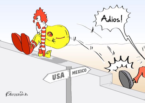 Cartoon: Adios USA (medium) by Marcus Gottfried tagged donald,trump,mauer,mexico,us,usa,präsident,flüchtlinge,illegal,geschichte,kultur,ronald,mcdonald,essen,restaurant,land,besetzung,unterdrückung,fusstritt,rausschmiss,adios,zurück,rückführung,feind,freund,marcus,gottfried,cartoon,karikatur,donald,trump,mauer,mexico,us,usa,präsident,flüchtlinge,illegal,geschichte,kultur,ronald,mcdonald,essen,restaurant,land,besetzung,unterdrückung,fusstritt,rausschmiss,adios,zurück,rückführung,feind,freund,marcus,gottfried,cartoon,karikatur