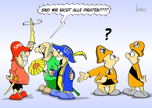 Cartoon: Alle Piraten! (medium) by Marcus Gottfried tagged cdu,csu,fdp,spd,linke,piraten,partei,volksvertreter,idol,angst,umfragewert,freibeuter,verkleidung,alle,irritation,urheber