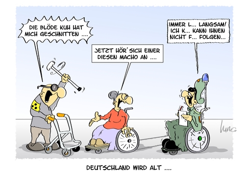 Cartoon: altes Deutschland (medium) by Marcus Gottfried tagged deutschland,gesellschaft,alter,demographischer,wandel,alte,junge,generation,generationenvertrag,jugend,rollstuhl,rollator,polizei,unfall,bremse,macho,kuh,deutschland,gesellschaft,alter,demographischer,wandel,alte,junge,generation,generationenvertrag,jugend,rollstuhl,rollator,polizei,unfall,bremse,macho,kuh,demografie,demografischer,seniorin,blinder