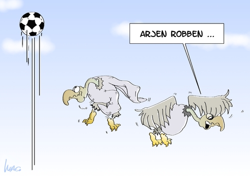 Cartoon: Arjen Robben (medium) by Marcus Gottfried tagged em,fussball,elfmeter,holland,niederlande,arjen,robben,schuss,fehlschuss,tor,himmel,verschossen,geier,vogel