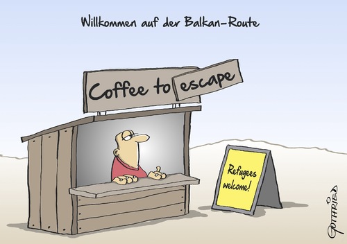 Cartoon: Balkan-Route (medium) by Marcus Gottfried tagged balkan,flucht,flüchtling,krieg,versorgung,europa,grenze,glaube,schutz,asyl,geschäft,kaffee,coffee,to,go,refugees,welcome,willkommen,freude,marcus,gottfried,cartoon,karikatur,balkan,flucht,flüchtling,krieg,versorgung,europa,grenze,glaube,schutz,asyl,geschäft,kaffee,coffee,to,go,refugees,welcome,willkommen,freude,marcus,gottfried,cartoon,karikatur