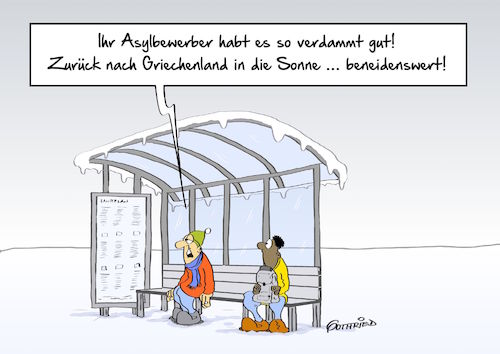 Cartoon: Beneidenswert (medium) by Marcus Gottfried tagged asylbewerber,asyl,flüchtling,dublinabkommen,dublin,dublinsystem,griechenland,lager,zurückführung,asylverfahren,haltestelle,winter,kälte,kalt,neid,freunde,marcus,gottfried,cartoon,karikatur,asylbewerber,asyl,flüchtling,dublinabkommen,dublin,dublinsystem,griechenland,lager,zurückführung,asylverfahren,haltestelle,winter,kälte,kalt,neid,freunde,marcus,gottfried,cartoon,karikatur