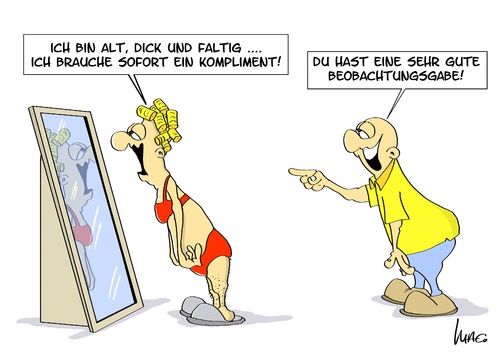 Cartoon: Beobachtungsgabe (medium) by Marcus Gottfried tagged paar,alt,dick,faltig,mann,frau,depressionen,trauer,traurig,wechseljahre,spiegel,zustand,kompliment,ehe,beobachten,beobachtungsgabe,freude,missverständnis,paar,alt,dick,faltig,mann,frau,depressionen,trauer,traurig,wechseljahre,spiegel,zustand,kompliment,ehe,beobachten,beobachtungsgabe,freude,missverständnis