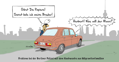 Cartoon: Berliner Polizei (medium) by Marcus Gottfried tagged berlin,polizei,migrant,ausländer,polizist,polizeiakademie,ausbildung,deutsch,standard,qualität,freunde,marcus,gottfried,cartoon,karikatur,berlin,polizei,migrant,ausländer,polizist,polizeiakademie,ausbildung,deutsch,standard,qualität,freunde,marcus,gottfried,cartoon,karikatur