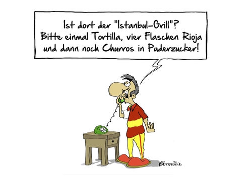 Cartoon: Bestellung (medium) by Marcus Gottfried tagged türkei,spanien,fussball,europameisterschaft,fussballspiel,gewinn,sieg,schadenfreude,tortillas,rioja,wein,essen,ärgern,ärger,freude,marcus,gottfried,cartoon,karikatur,türkei,spanien,fussball,europameisterschaft,fussballspiel,gewinn,sieg,schadenfreude,tortillas,rioja,wein,essen,ärgern,ärger,freude,marcus,gottfried,cartoon,karikatur