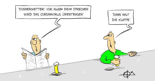 Cartoon: Coronasprechen (medium) by Marcus Gottfried tagged corona,übertragung,anstecken,virus,infektion,schutzmaske,abstand,reden,tröpfchen,corona,übertragung,anstecken,virus,infektion,schutzmaske,abstand,reden,tröpfchen