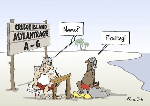 Cartoon: Crusoe Island (medium) by Marcus Gottfried tagged insel,robinson,crusoe,einsiedler,verschollen,eiland,einsamkeit,eingeborener,fremder,flüchtling,asyl,antragsstelle,bearbeitung,buchstabe,beamter,name,freitag,prüfung,roman,freunde,marcus,gottfried,cartoon,karikatur,insel,robinson,crusoe,einsiedler,verschollen,eiland,einsamkeit,eingeborener,fremder,flüchtling,asyl,antragsstelle,bearbeitung,buchstabe,beamter,name,freitag,prüfung,roman,freunde,marcus,gottfried,cartoon,karikatur