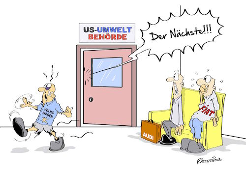 Cartoon: der Nächste (medium) by Marcus Gottfried tagged volkswagen,chrysler,us,manipulation,abgaswerten,dieselfahrzeugen,umweltbehörde,fiat,audi,epa,behörde,beschuldigung,italienisch,amerikanisch,autobauer,einsatz,illegal,software,abgaswerte,freude,marcus,gottfried,cartoon,karikatur,volkswagen,chrysler,us,manipulation,abgaswerten,dieselfahrzeugen,umweltbehörde,fiat,audi,epa,behörde,beschuldigung,italienisch,amerikanisch,autobauer,einsatz,illegal,software,abgaswerte,freude,marcus,gottfried,cartoon,karikatur