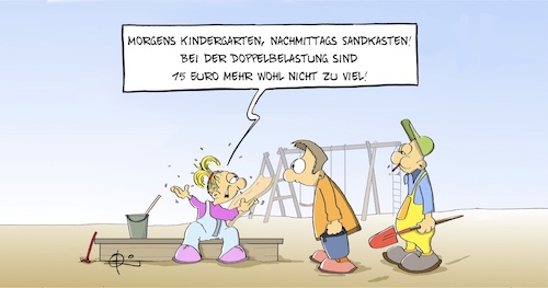 Cartoon: Doppelbelastung (medium) by Marcus Gottfried tagged kindergeld,einkommen,frau,mann,doppelbelastung,kindergarten,schule,sandkasten,spielplatz,kindergeld,einkommen,frau,mann,doppelbelastung,kindergarten,schule,sandkasten,spielplatz