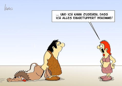 Cartoon: Eingetuppert (medium) by Marcus Gottfried tagged tupper,tupperware,topf,rollenverteilung,einmachen,haltbarkeit,essen,mahlzeit,einkochen,einwecken,löwe,tier,fang,jadg,jäger,hausfrau,neandertaler,ehe,ehemann,ehefrau,urzeit,geschichte