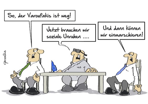 Cartoon: Einmarschieren (medium) by Marcus Gottfried tagged griechenland,varoufakis,referendum,einmarschieren,eu,europa,schulden,minister,unruhe,sozial,gespräch,hilfe,griechenland,varoufakis,referendum,einmarschieren,eu,europa,schulden,minister,unruhe,sozial,gespräch,hilfe