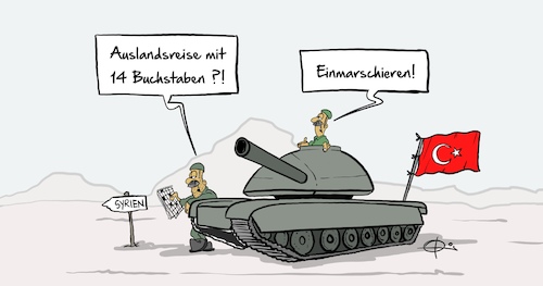 Cartoon: Einmarschieren (medium) by Marcus Gottfried tagged einmarschieren,türkei,syrien,kurden,nato,europa,erdogan,militär,assad,einmarschieren,türkei,syrien,kurden,nato,europa,erdogan,militär,assad