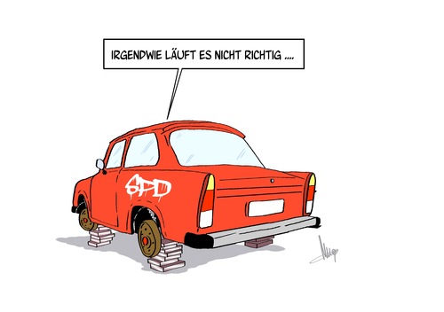 Cartoon: Es läuft nicht (medium) by Marcus Gottfried tagged spd,wahl,wahlkampf,steine,aufgebockt,bock,trabbi,auto,fahrzeug,fortkommen,weiterfahrt,regierung,steinbrück,kanzler,mehrheit,fortschritt,spd,wahl,wahlkampf,steine,aufgebockt,bock,trabbi,auto,fahrzeug,fortkommen,weiterfahrt,regierung,kanzler,mehrheit,fortschritt,osten,ostdeutschland,prognose,umfrage,prozent,sozialdemokraten