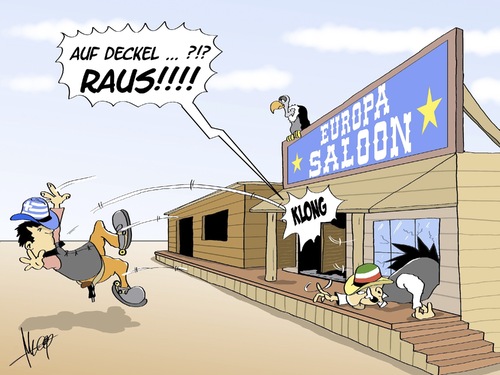 Cartoon: Europa Saloon (medium) by Marcus Gottfried tagged europa,griechenland,schulden,saloon,rauswurf,deckel,zahlen,geld,euro,währung,finanzen,troika,regierung,trinken,schuldenschnitt,getränk,kneipe,western,cowboy,marcus,gottfried,cartoon,karikatur,europa,griechenland,schulden,saloon,rauswurf,deckel,zahlen,geld,euro,währung,finanzen,troika,regierung,trinken,schuldenschnitt,getränk,kneipe,western,cowboy,marcus,gottfried,cartoon,karikatur