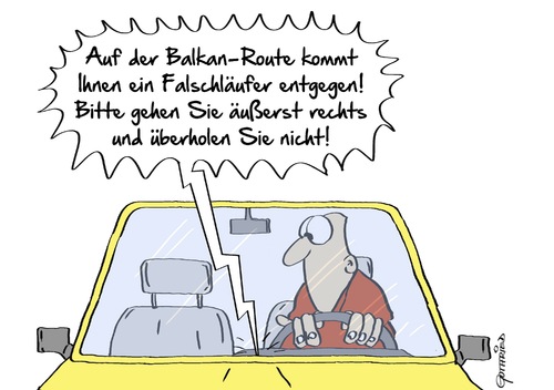 Cartoon: Falschläufer (medium) by Marcus Gottfried tagged balkan,route,flüchtlinge,asyl,unterkunft,wanderung,völkerwanderung,auto,verkehrsdurchsage,falschfahrer,falschläufer,fahrtrichtung,unfall,warnung,überholen,seite,kultur,freunde,marcus,gottfried,cartoon,karikatur,balkan,route,flüchtlinge,asyl,unterkunft,wanderung,völkerwanderung,auto,verkehrsdurchsage,falschfahrer,falschläufer,fahrtrichtung,unfall,warnung,überholen,seite,kultur,freunde,marcus,gottfried,cartoon,karikatur