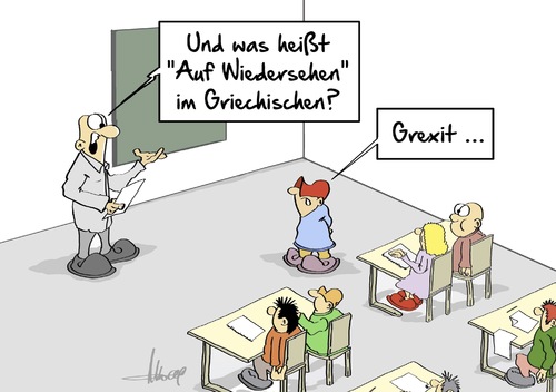 Cartoon: Grexit (medium) by Marcus Gottfried tagged griechenland,währung,austritt,europäische,union,grexit,abwandern,schule,auf,wiedersehen,verabschieden,verabschiedung,drachme,euro,schulden,schuldenschnitt,wahl,regierung,schüler,wissen,marcus,gottfried,cartoon,karikatur,griechenland,währung,austritt,europäische,union,grexit,abwandern,schule,auf,wiedersehen,verabschieden,verabschiedung,drachme,euro,schulden,schuldenschnitt,wahl,regierung,schüler,wissen,marcus,gottfried,cartoon,karikatur