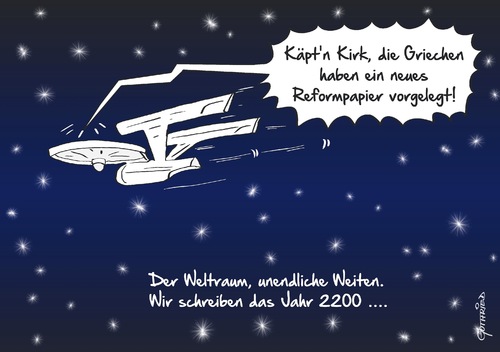 Cartoon: Griechische Enterprise (medium) by Marcus Gottfried tagged griechenland,schuldenkrise,eu,europa,tsipras,deutschland,markel,enterprise,raumschiff,zukunft,ohne,ende,endlos,reformpapier,reformen,vorfreude,marcus,gottfried,cartoon,karikatur,griechenland,schuldenkrise,eu,europa,tsipras,deutschland,markel,enterprise,raumschiff,zukunft,ohne,ende,endlos,reformpapier,reformen,vorfreude,marcus,gottfried,cartoon,karikatur