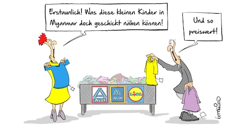 Cartoon: Myanmar (medium) by Marcus Gottfried tagged aldi,lidl,myanmar,burma,kleidung,kinderarbeit,nähen,aldi,lidl,myanmar,burma,kleidung,kinderarbeit,nähen