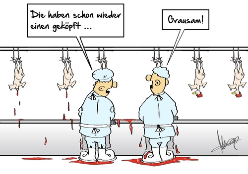 Cartoon: Nachrichten geschaut (medium) by Marcus Gottfried tagged is,isis,terror,köpfen,köpfung,geisel,grausam,huhn,hähnchen,schlachten,blut,unterschied,schlachterei,fleisch,is,isis,terror,köpfen,köpfung,geisel,grausam,huhn,hähnchen,schlachten,blut,unterschied,schlachterei,fleisch