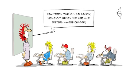 Cartoon: Namensschilder (medium) by Marcus Gottfried tagged corona,maskenpflicht,maske,schule,schulbeginn,sommerferien,ferien,corona,maskenpflicht,maske,schule,schulbeginn,sommerferien,ferien