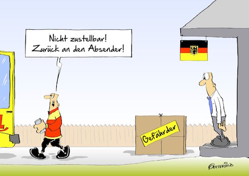 Cartoon: Nicht zustellbar (medium) by Marcus Gottfried tagged paket,paketdienst,lieferung,zustellung,zustellbar,retour,gefährder,terror,angriff,islamist,rückführung,lösung,freude,marcus,gottfried,cartoon,karikatur,paket,paketdienst,lieferung,zustellung,zustellbar,retour,gefährder,terror,angriff,islamist,rückführung,lösung,freude,marcus,gottfried,cartoon,karikatur