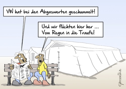 Cartoon: Regen in die Traufe (medium) by Marcus Gottfried tagged flüchtling,asyl,syrien,zelt,zeltlager,unterkunft,refugees,volkswagen,diesel,manipulation,motor,vw,winterkorn,ziel,freude,marcus,gottfried,cartoon,karikatur,flüchtling,asyl,syrien,zelt,zeltlager,unterkunft,refugees,volkswagen,diesel,manipulation,motor,vw,winterkorn,ziel,freude,marcus,gottfried,cartoon,karikatur