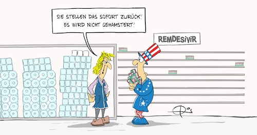 Cartoon: Remdesivir (medium) by Marcus Gottfried tagged medikament,us,usa,toilettenpapier,hamstern,corona,impfung,medizin,lagern,gilead,medikament,us,usa,toilettenpapier,hamstern,corona,impfung,medizin,lagern,gilead