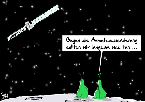 Cartoon: Rosetta (medium) by Marcus Gottfried tagged rosetta,raumfahrt,armutszuwanderung,außerirdischer,grün,männchen,sonde,planet,all,astronaut,philae,komet,67p,landung,kometenlandung,mission,esa,europäische,weltraumorganisation,mondlandung,marcus,gottfried,cartoon,karikatur,rosetta,raumfahrt,armutszuwanderung,außerirdischer,grün,männchen,sonde,planet,all,astronaut,philae,komet,67p,landung,kometenlandung,mission,esa,europäische,weltraumorganisation,mondlandung,marcus,gottfried,cartoon,karikatur