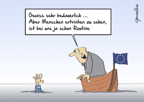 Cartoon: Routine (medium) by Marcus Gottfried tagged eu,griechenland,flüchtlinge,mittelmeer,rettung,ertrinken,boot,hilfe,kosten,schulden,zusehen,routine,eigennutz,bedauern,europa,ezb,iwf,meer,wasser,freude,eu,griechenland,flüchtlinge,mittelmeer,rettung,ertrinken,boot,hilfe,kosten,schulden,zusehen,routine,eigennutz,bedauern,europa,ezb,iwf,meer,wasser,freude