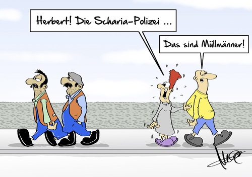 Cartoon: Scharia-Polizei (medium) by Marcus Gottfried tagged scharia,polizei,moslem,glauben,kontrolle,nötigung,toleranz,justiz,minister,salafisten,missbrauch,salafist,verbot,islam,tugend,kirche,christ,werbung,alkohol,drogen,verhaltenskodex,marcus,gottfried,cartoon,karikatur,müllmann,mull,weste,orange,verwechslung,schock,schreck,scharia,polizei,moslem,glauben,kontrolle,nötigung,toleranz,justiz,minister,salafisten,missbrauch,salafist,verbot,islam,tugend,kirche,christ,werbung,alkohol,drogen,verhaltenskodex,marcus,gottfried,cartoon,karikatur,müllmann,mull,weste,orange,verwechslung,schock,schreck