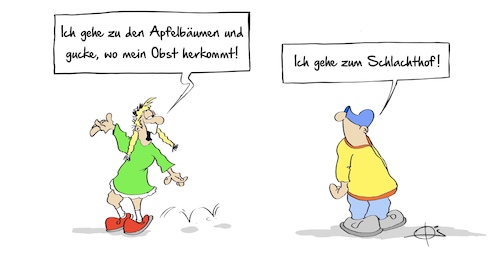 Cartoon: Schlachthof (medium) by Marcus Gottfried tagged schlachthof,ernte,apfelernte,gemüse,anbau,vegetarier,veganer,fleisch,schlachthof,ernte,apfelernte,gemüse,anbau,vegetarier,veganer,fleisch