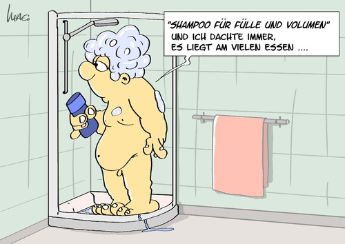 Cartoon: Shampoo (medium) by Marcus Gottfried tagged dusche,wäsche,bad,reinigung,shampoo,haar,haarwaschmittel,gewischt,volumen,fülle,dick,fett,übergewicht,grund,badezimmer,dusche,wäsche,bad,reinigung,shampoo,haar,haarwaschmittel,gewischt,volumen,fülle,dick,fett,übergewicht,grund,badezimmer