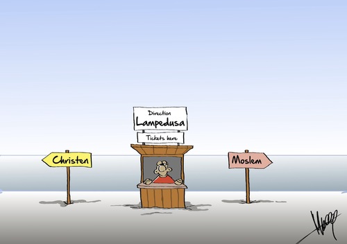 Cartoon: Ticket to Lampedusa (medium) by Marcus Gottfried tagged ticket,strand,lampedusa,flüchtlinge,streit,glaube,christen,moslem,muslim,religion,flucht,trennung,mittelmeer,meer,boot,überfahrt,zukunft,marcus,gottfried,cartoon,karikatur,ticket,strand,lampedusa,flüchtlinge,streit,glaube,christen,moslem,muslim,religion,flucht,trennung,mittelmeer,meer,boot,überfahrt,zukunft,marcus,gottfried,cartoon,karikatur