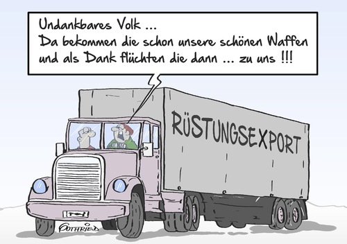 Cartoon: undankbares Volk (medium) by Marcus Gottfried tagged rüstung,rüstungsexport,waffenlobby,waffen,krieg,exportweltmeister,flucht,flüchtling,asyl,syrien,afghanistan,ausfuhr,export,panzer,umsatz,undank,dankbarkeit,dank,gewinn,freude,marcus,gottfried,cartoon,karikatur,rüstung,rüstungsexport,waffenlobby,waffen,krieg,exportweltmeister,flucht,flüchtling,asyl,syrien,afghanistan,ausfuhr,export,panzer,umsatz,undank,dankbarkeit,dank,gewinn,freude,marcus,gottfried,cartoon,karikatur