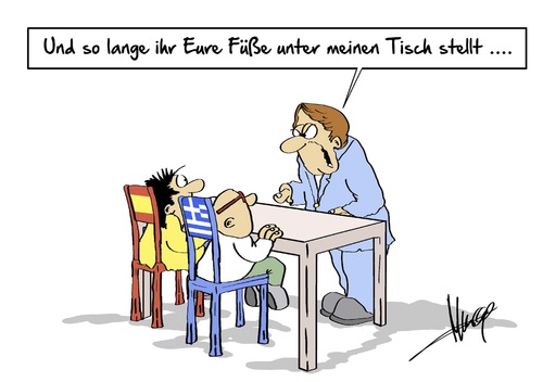 Cartoon: unter den Tisch (medium) by Marcus Gottfried tagged griechenland,spanien,europa,deutschland,angela,merkel,chef,chefin,bestimmen,stuhl,esstisch,tisch,füße,erziehung,erziehungssache,pflege,ermahnen,eu,euro,griechenland,spanien,europa,deutschland,angela,merkel,chef,chefin,bestimmen,stuhl,esstisch,tisch,füße,erziehung,erziehungssache,pflege,ermahnen,eu,euro