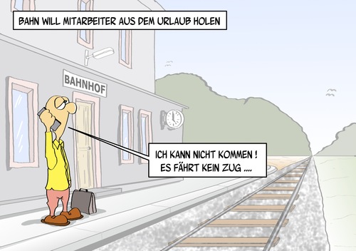 Cartoon: Urlaubsende (medium) by Marcus Gottfried tagged urlaub,bahn,urlaubende,mitarbeiter,eisenbahn,streik,arbeiter,service,einstellungen,springer,bahnhof,reisender,reise,rückkehr,abbruch,ausfall,zug,urlaub,bahn,urlaubende,mitarbeiter,eisenbahn,streik,arbeiter,service,einstellungen,springer,bahnhof,reisender,reise,rückkehr,abbruch,ausfall,zug